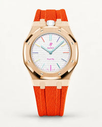 Cinturino effetto tessuto arancione per AP x Swatch Royal Pop Huit Blanc, cassa oro rosa (corona a ore 12)