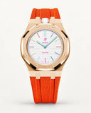 Cinturino effetto tessuto arancione per AP x Swatch Royal Pop Huit Blanc, cassa oro rosa (corona a ore 12)