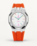 Cinturino effetto tessuto arancione per AP x Swatch Royal Pop Huit Blanc, cassa argento (corona a ore 12)