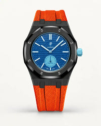 Orange textile-effect strap for AP x Swatch Royal Pop Làn Ba, black case (crown at 3 o'clock)