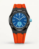 Orange textile-effect strap for AP x Swatch Royal Pop Làn Ba, black case (crown at 3 o'clock)