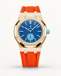 Orange textile-effect strap for AP x Swatch Royal Pop Làn Ba, rose gold case (crown at 3 o'clock)