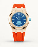Orange textile-effect strap for AP x Swatch Royal Pop Làn Ba, rose gold case (crown at 3 o'clock)