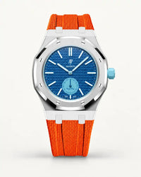 Orange textile-effect strap for AP x Swatch Royal Pop Làn Ba, silver case (crown at 3 o'clock)