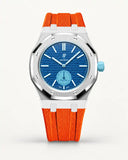 Orange textile-effect strap for AP x Swatch Royal Pop Làn Ba, silver case (crown at 3 o'clock)