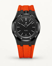 Orange textile-effect strap for AP x Swatch Royal Pop Ocho Negro, black case (crown at 12 o'clock)