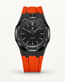 Orange textile-effect strap for AP x Swatch Royal Pop Ocho Negro, black case (crown at 12 o'clock)