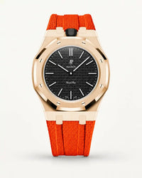 Orange textile-effect strap for AP x Swatch Royal Pop Ocho Negro, rose gold case (crown at 12 o'clock)