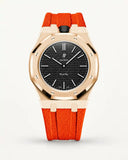 Orange textile-effect strap for AP x Swatch Royal Pop Ocho Negro, rose gold case (crown at 12 o'clock)