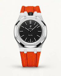 Orange textile-effect strap for AP x Swatch Royal Pop Ocho Negro, silver case (crown at 12 o'clock)