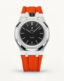 Orange textile-effect strap for AP x Swatch Royal Pop Ocho Negro, silver case (crown at 12 o'clock)