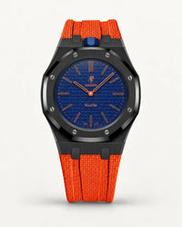 Cinturino effetto tessuto arancione per AP x Swatch Royal Pop Orenji Hachi, cassa nera (corona a ore 12)