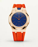 Cinturino effetto tessuto arancione per AP x Swatch Royal Pop Orenji Hachi, cassa oro rosa (corona a ore 12)
