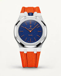 Cinturino effetto tessuto arancione per AP x Swatch Royal Pop Orenji Hachi, cassa argento (corona a ore 12)