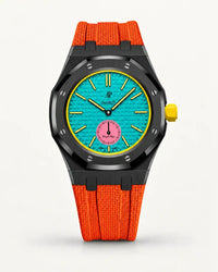 Orange textile-effect strap for AP x Swatch Royal Pop Otg Roz, black case (crown at 3 o'clock)