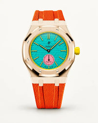 Orange textile-effect strap for AP x Swatch Royal Pop Otg Roz, rose gold case (crown at 3 o'clock)