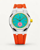 Orange textile-effect strap for AP x Swatch Royal Pop Otg Roz, silver case (crown at 3 o'clock)