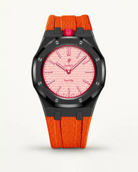 Orange textile-effect strap for AP x Swatch Royal Pop Otto Rosso, black case (crown at 12 o'clock)