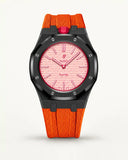 Orange textile-effect strap for AP x Swatch Royal Pop Otto Rosso, black case (crown at 12 o'clock)