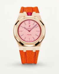 Orange textile-effect strap for AP x Swatch Royal Pop Otto Rosso, rose gold case (crown at 12 o'clock)
