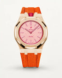 Orange textile-effect strap for AP x Swatch Royal Pop Otto Rosso, rose gold case (crown at 12 o'clock)