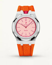 Orange textile-effect strap for AP x Swatch Royal Pop Otto Rosso, silver case (crown at 12 o'clock)