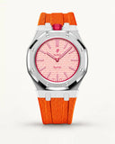 Orange textile-effect strap for AP x Swatch Royal Pop Otto Rosso, silver case (crown at 12 o'clock)