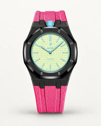 Pink textile-effect strap for AP x Swatch Royal Pop Blaue Acht, black case (crown at 12 o'clock)
