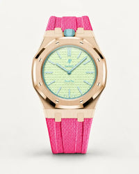 Pink textile-effect strap for AP x Swatch Royal Pop Blaue Acht, rose gold case (crown at 12 o'clock)