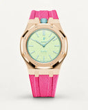 Pink textile-effect strap for AP x Swatch Royal Pop Blaue Acht, rose gold case (crown at 12 o'clock)