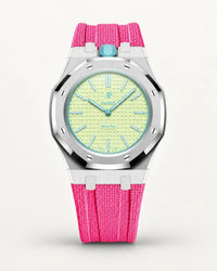 Pink textile-effect strap for AP x Swatch Royal Pop Blaue Acht, silver case (crown at 12 o'clock)