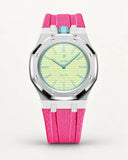Pink textile-effect strap for AP x Swatch Royal Pop Blaue Acht, silver case (crown at 12 o'clock)