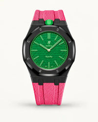 Pink textile-effect strap for AP x Swatch Royal Pop Green Eight, black case (crown at 12 o'clock)