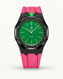 Pink textile-effect strap for AP x Swatch Royal Pop Green Eight, black case (crown at 12 o'clock)