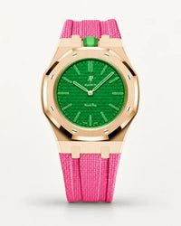 Pink textile-effect strap for AP x Swatch Royal Pop Green Eight, rose gold case (crown at 12 o'clock)