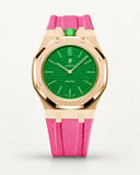 Pink textile-effect strap for AP x Swatch Royal Pop Green Eight, rose gold case (crown at 12 o'clock)