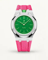 Pink textile-effect strap for AP x Swatch Royal Pop Green Eight, silver case (crown at 12 o'clock)