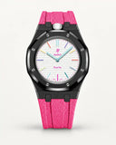 Cinturino effetto tessuto rosa per AP x Swatch Royal Pop Huit Blanc, cassa nera (corona a ore 12)