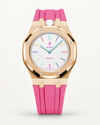 Cinturino effetto tessuto rosa per AP x Swatch Royal Pop Huit Blanc, cassa oro rosa (corona a ore 12)