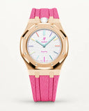 Cinturino effetto tessuto rosa per AP x Swatch Royal Pop Huit Blanc, cassa oro rosa (corona a ore 12)