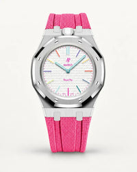Cinturino effetto tessuto rosa per AP x Swatch Royal Pop Huit Blanc, cassa argento (corona a ore 12)