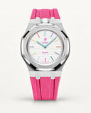 Cinturino effetto tessuto rosa per AP x Swatch Royal Pop Huit Blanc, cassa argento (corona a ore 12)