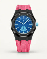 Pink textile-effect strap for AP x Swatch Royal Pop Làn Ba, black case (crown at 3 o'clock)