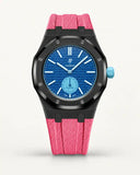 Pink textile-effect strap for AP x Swatch Royal Pop Làn Ba, black case (crown at 3 o'clock)