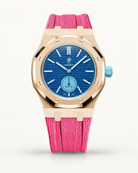Pink textile-effect strap for AP x Swatch Royal Pop Làn Ba, rose gold case (crown at 3 o'clock)