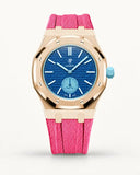 Pink textile-effect strap for AP x Swatch Royal Pop Làn Ba, rose gold case (crown at 3 o'clock)