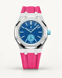 Pink textile-effect strap for AP x Swatch Royal Pop Làn Ba, silver case (crown at 3 o'clock)