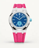 Pink textile-effect strap for AP x Swatch Royal Pop Làn Ba, silver case (crown at 3 o'clock)