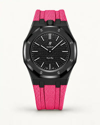 Pink textile-effect strap for AP x Swatch Royal Pop Ocho Negro, black case (crown at 12 o'clock)
