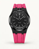 Pink textile-effect strap for AP x Swatch Royal Pop Ocho Negro, black case (crown at 12 o'clock)